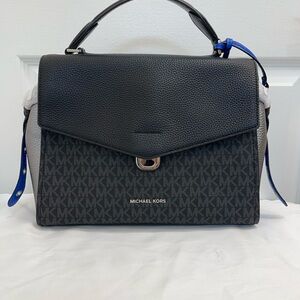 Michael Kors Black & Gray MK Signature Top Handle Satchel with Blue Accents